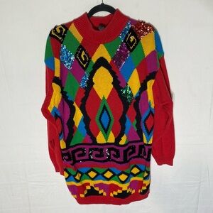Vintage IB Diffusion Red Multicolour Ramie Cotton Knit W Sequins Sweater M